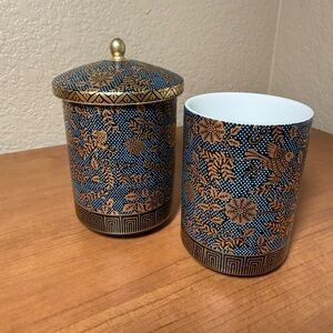 Japanese Kutani Ware Porcelain Hand Painted Gold Flowers 2 cups Only 1 Lid